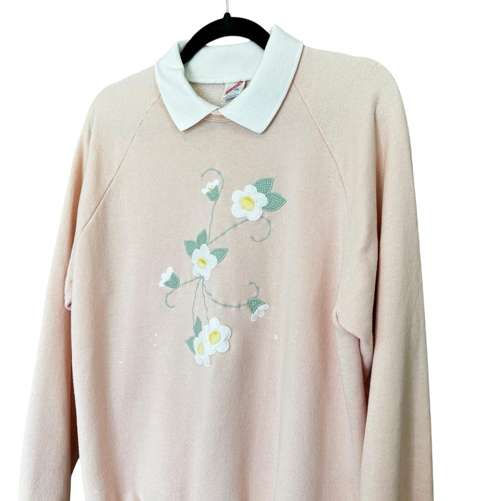 VTG‎ Collared Embroidered Flower Floral Sweatshirt XL 46 Cottagecore Grannycore - Picture 2 of 10